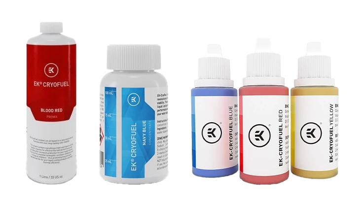 Bottles of pre-mixed watercooling coolant available in various colours