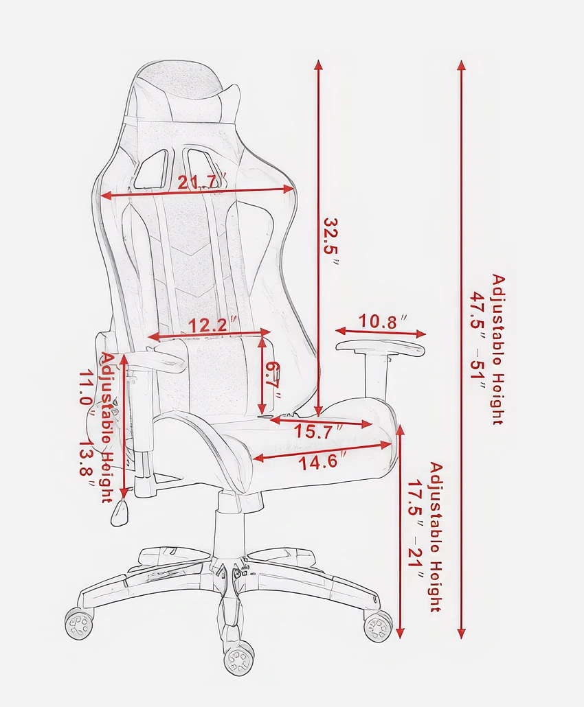 Chair dimensions diagram showing seat width, depth, backrest height, and armrest measurements for optimal ergonomic fit