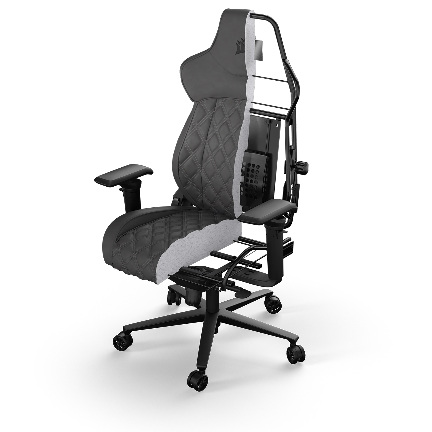 Gaming chair frame and construction materials showing steel frame, foam cushioning, and upholstery quality