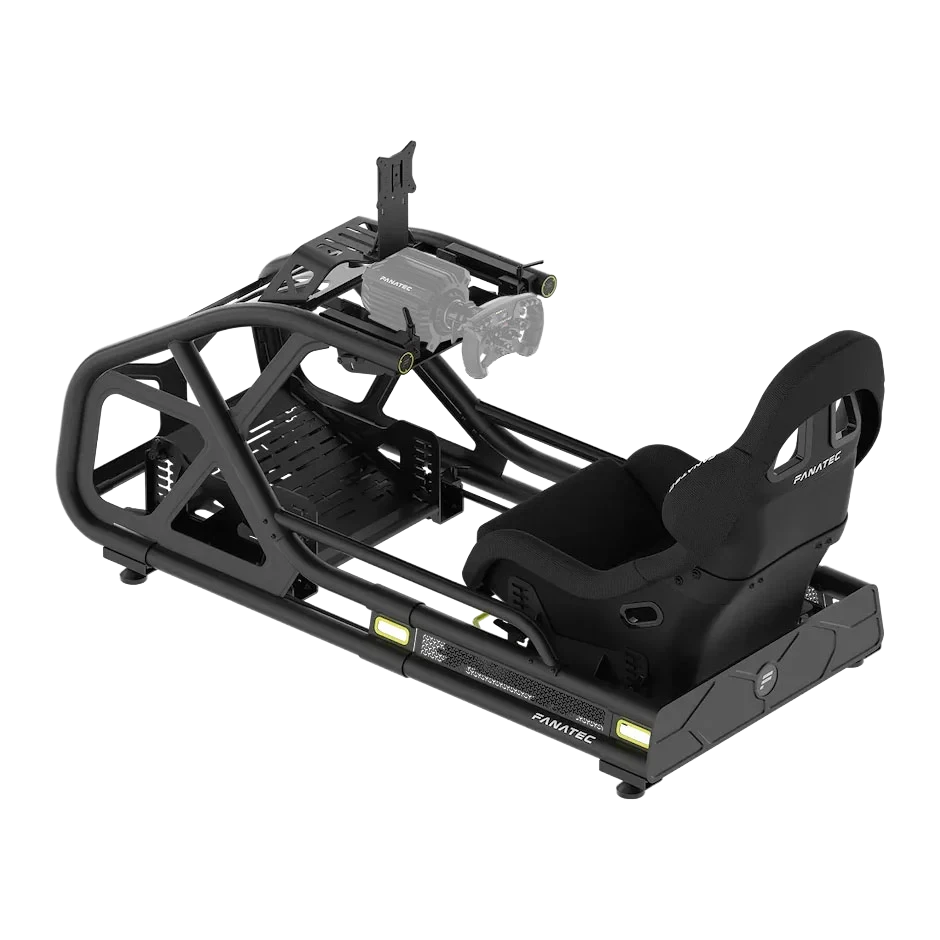 Professional racing simulator cockpit with full motion platform and steering wheel setup