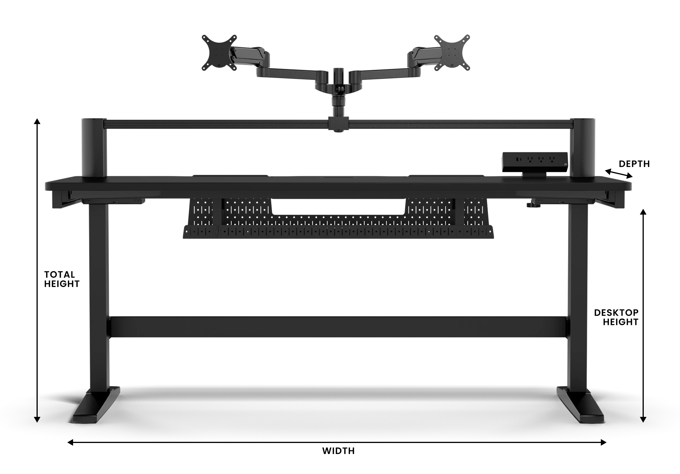 Gaming desk dimensions diagram showing width, depth, and height measurements with standard ergonomic sizing recommendations for optimal gaming comfort and PC component placement