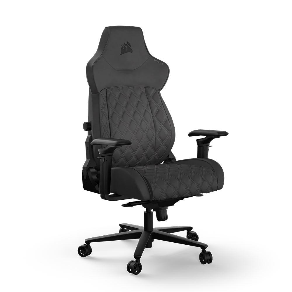 Ergonomic gaming chair with adjustable armrests, lumbar support, and reclining backrest paired with gaming desk for complete workstation setup