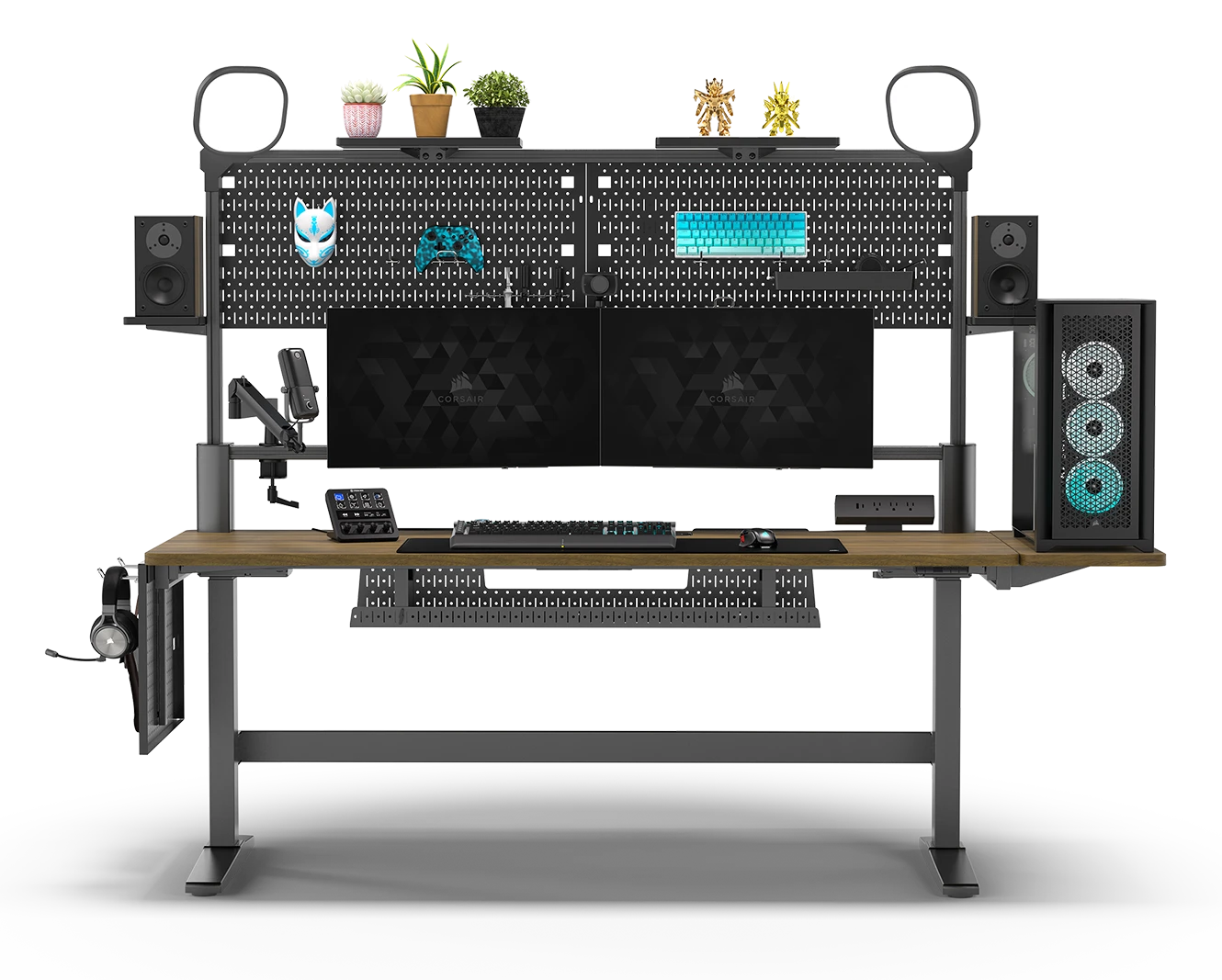 Modular gaming desk setup with Elgato Multiframe system demonstrating expandable peripheral mounting options including camera arms, lighting rigs, and microphone boom arms