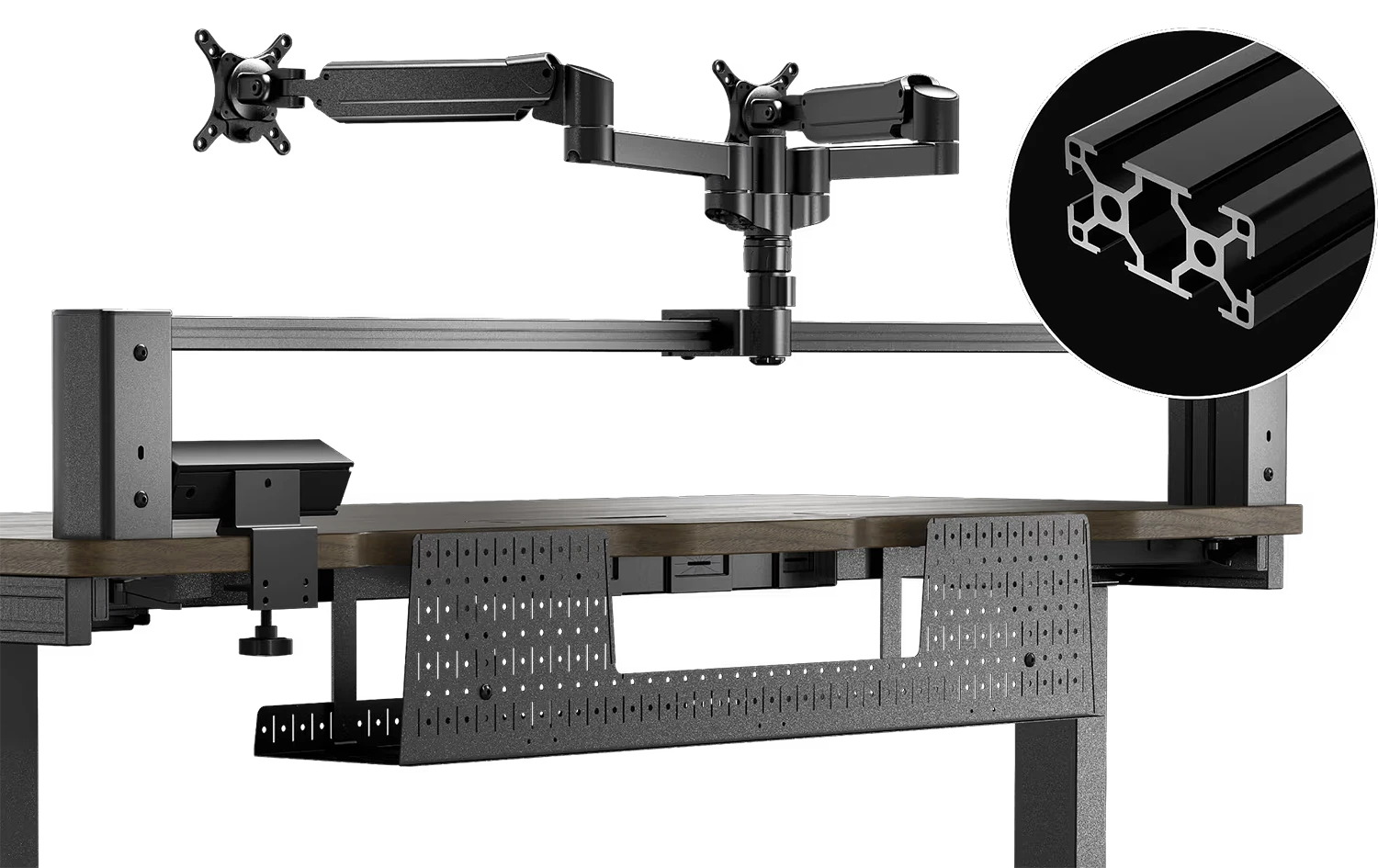 Corsair Platform 3060 T-channel rail mounting system showing modular attachment points for monitor arms, speakers, LED lights, and gaming accessories