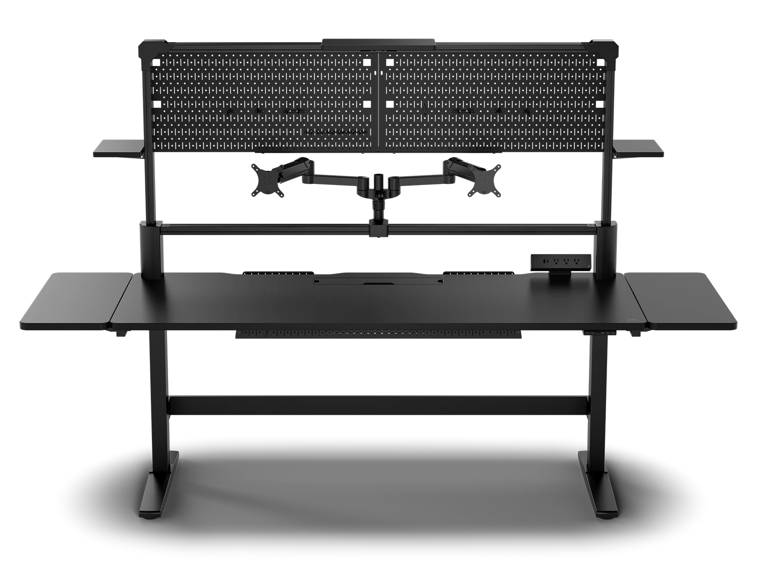 Premium gaming desk setup ready for purchase featuring modern ergonomic design, cable management, and monitor mounting solutions