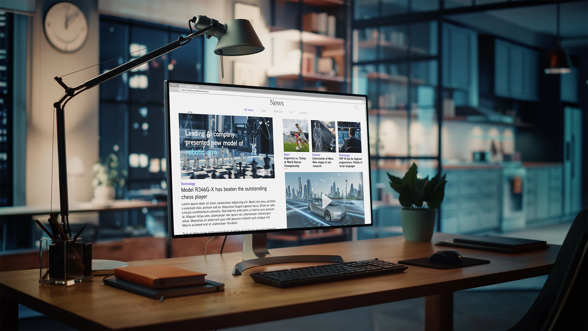 Desktop monitor on a home office desk in the evening