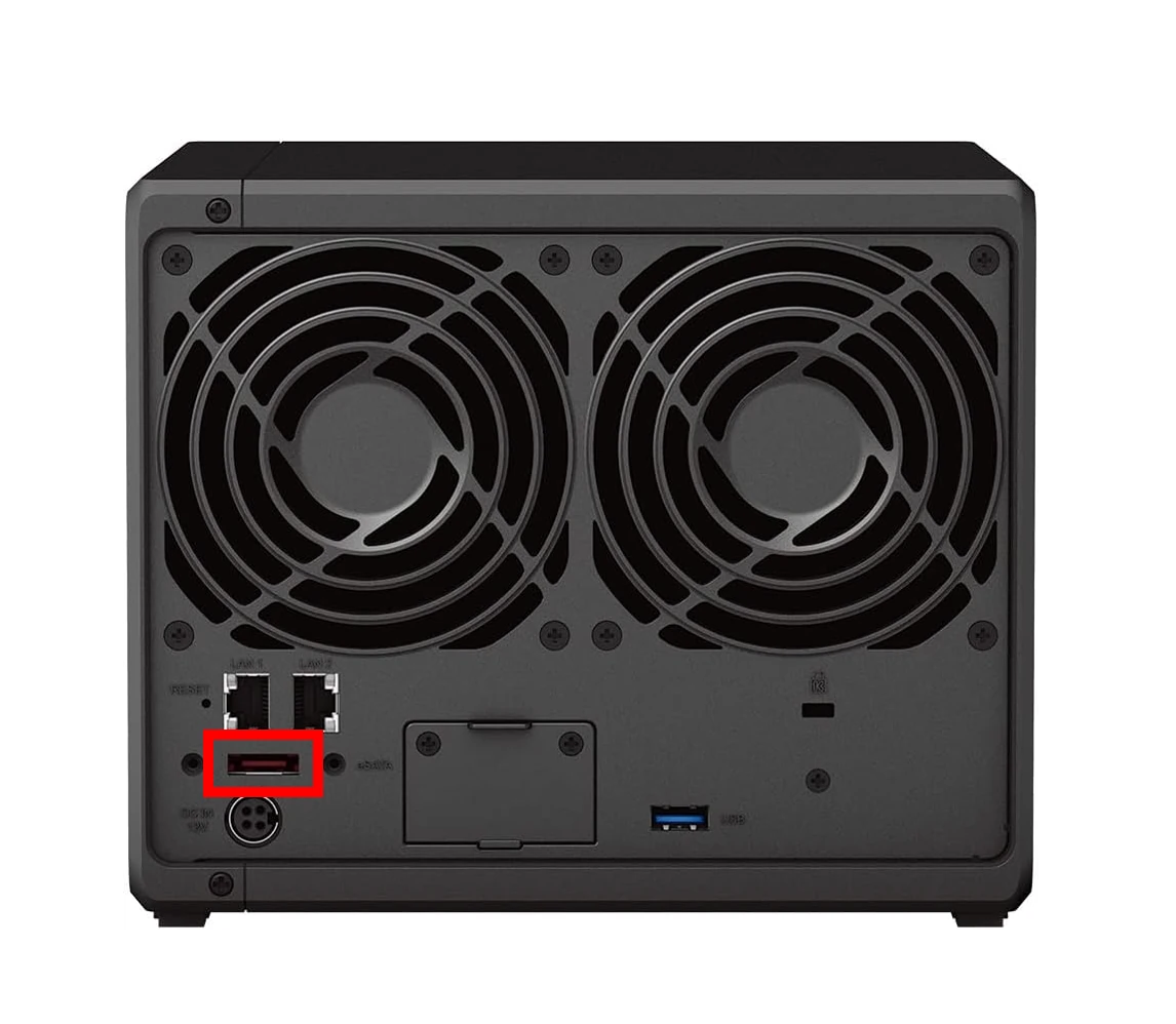 Image of eSATA port for NAS expansion chassis connectivity