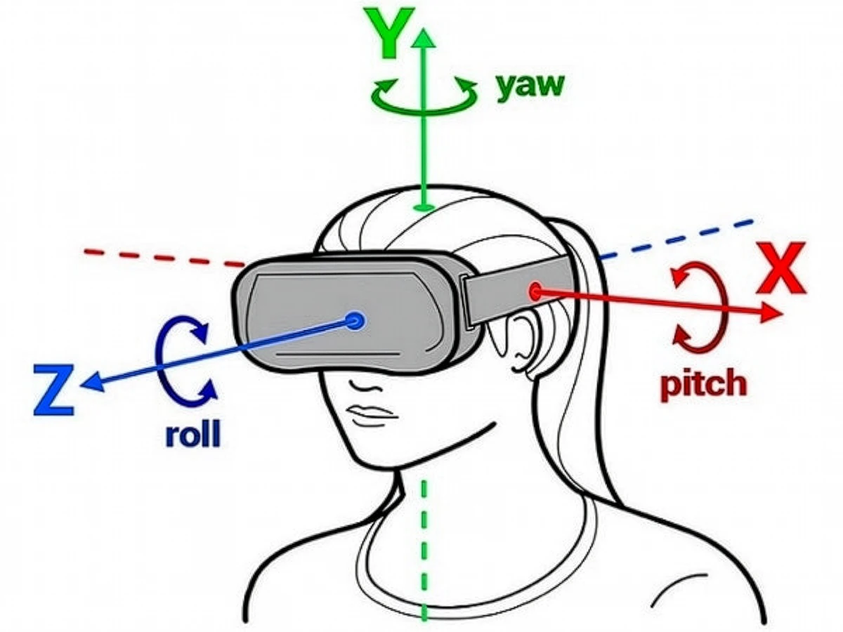 Illustration of VR headset head tracking using pitch, yaw, and roll