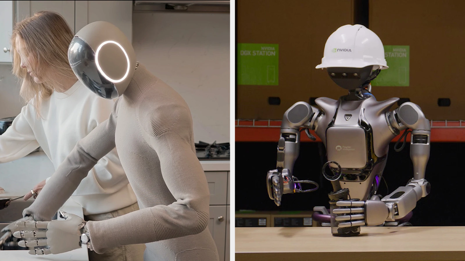 Two column split image of robotics doing cleaning and device operation