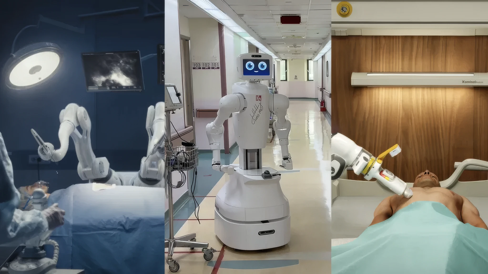 Three column split image of robotics doing surgery