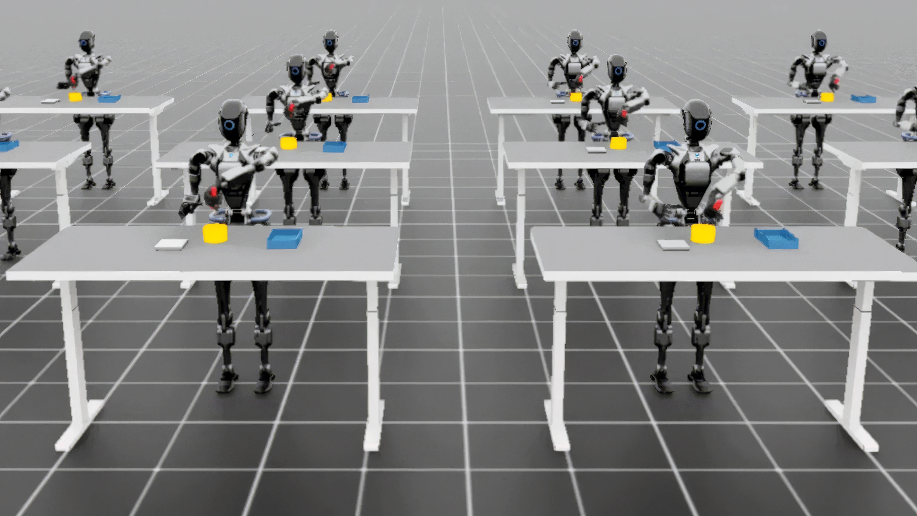 Render of a group of robotics in a manufacturing setting putting items together