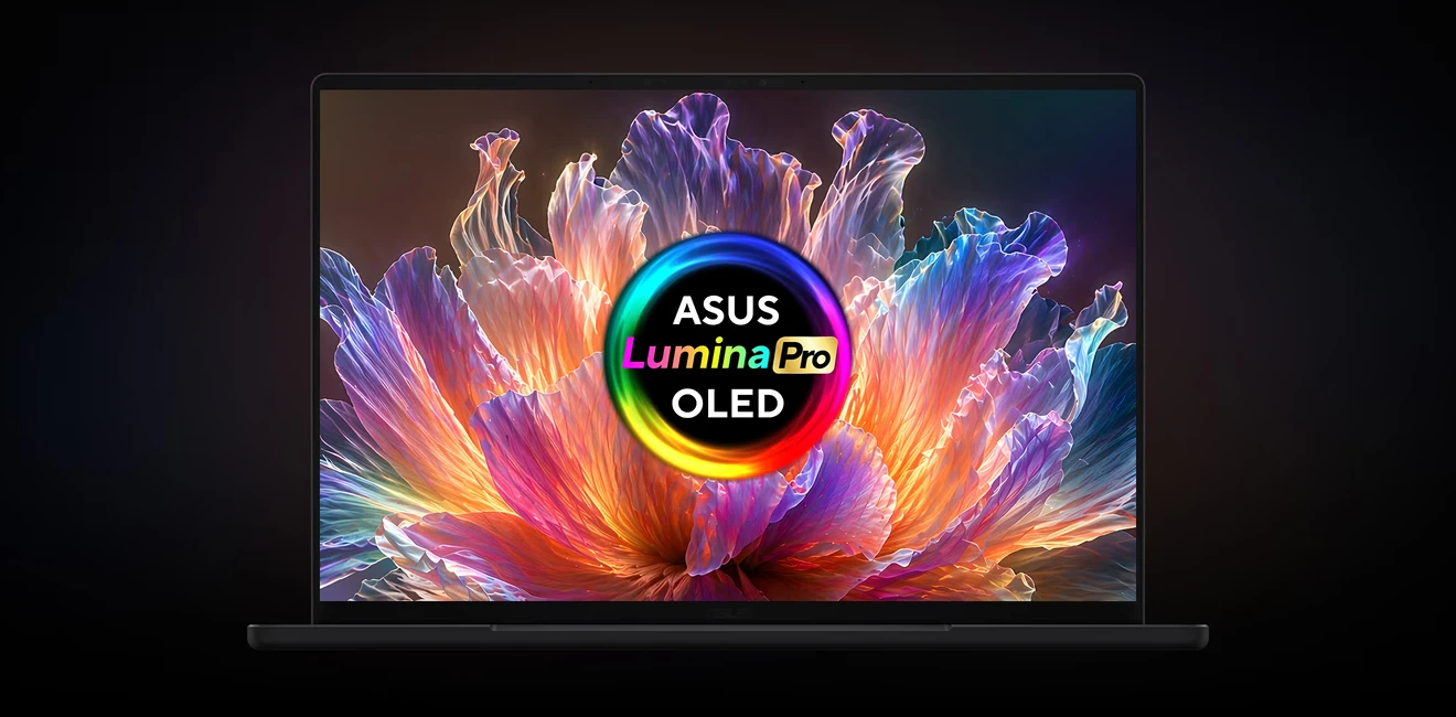 ASUS Lumina Pro OLED laptop display showing a colourful creative scene