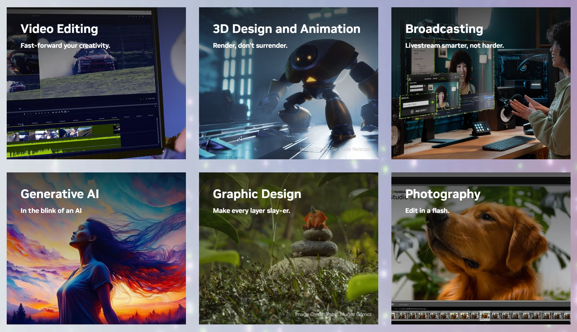 Grid of creative software applications supported by NVIDIA Studio