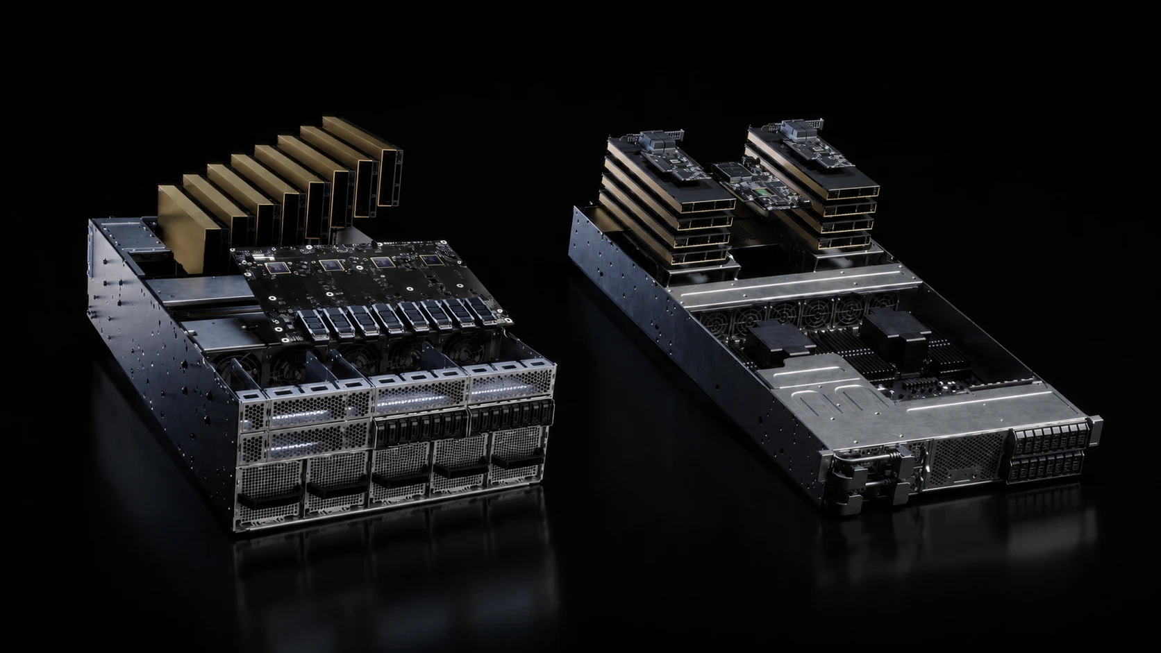 Two enterprise NVIDIA AI server platforms displayed side by side, showcasing advanced GPU modules and internal compute architecture on a black studio background.