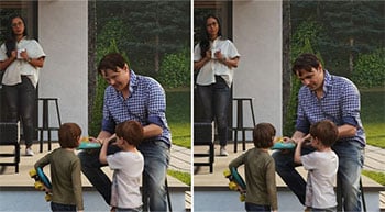 split screen rendered image of father playing with children on garden deck