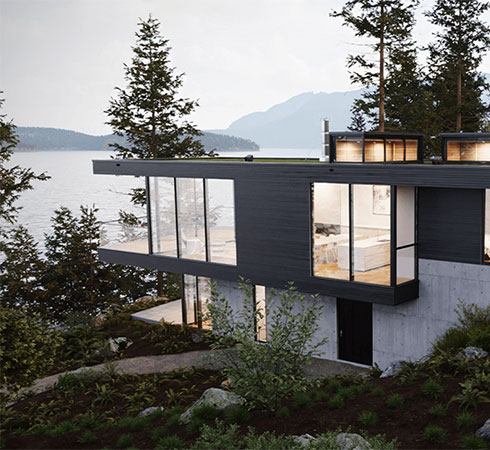 Corona sample render of modern brutalist catelever lakeside home
