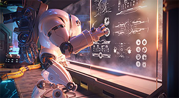 Rendered robot standing infront of whiteboard
