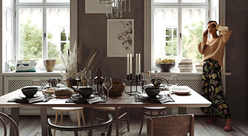 Chaos Cosmos Rendered image of modern dining room table with person taking phone call