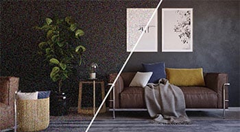Split screen render sample of modern living room with heavy noise and denoised view