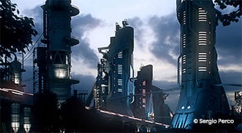Chaos Corona sample render of futuristic dystopian city