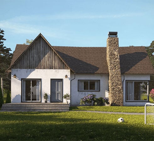 Chaos Corona sample render of single story house with tall peaked roof