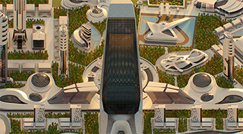 Rendered image of futuristic city scape