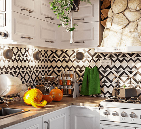 Chaos Corona sample render modern home kitchen with black and white tile backsplash