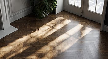 Chaos Corona Render of light flowing onto parquet wooden flooring