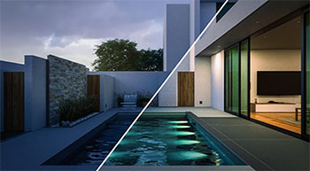 Rendered split screen image of swimming pool at night with and without lighting