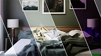 Split screen rendered image of bed with mixed lighting renders