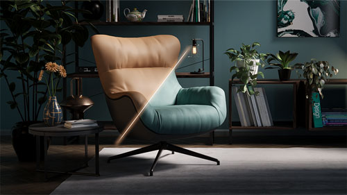 Chaos Corona sample render of leather lounge chair sitting in reading space with changing colour materials