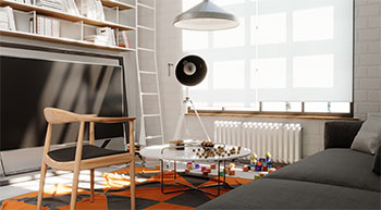 Chaos Render of modern minimalistic living space with large TV 
