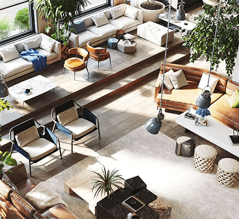 Corona sample render of photorealistic open plan living area