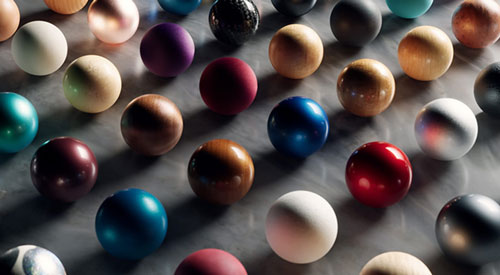 Rendered Texture spheres on grey marble table