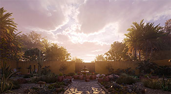 Chaos Corona rendered garden scene with bright sunlight and cloud cover