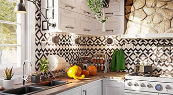 Modern kitchen render with black and white pattern tile 