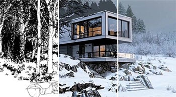 modern counterlever building in split screen toon shading previews