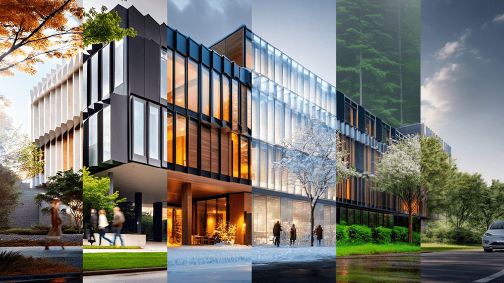 image breaking down a render of a building showing different possible looks using chaos enscape