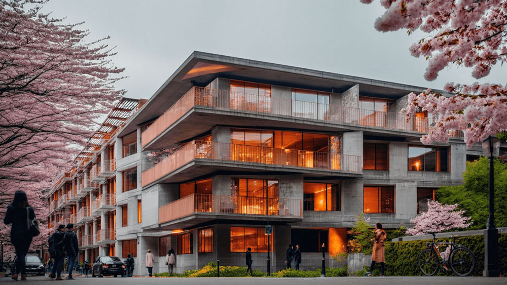 ai enhanced verison of a building render using chaos enscape
