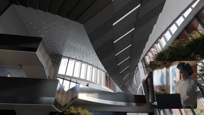 someone using vr to view a chaos enscape interiour render