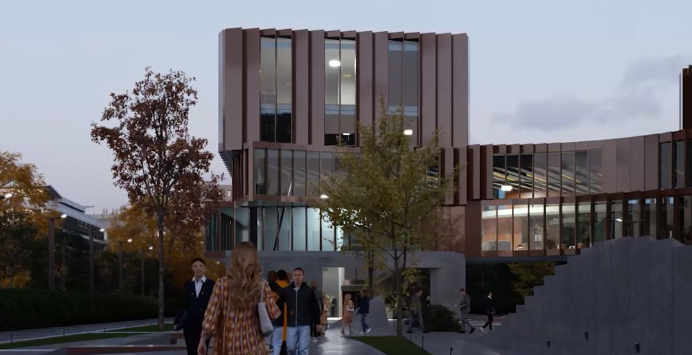 sample render of a building in the evening using chaos envision