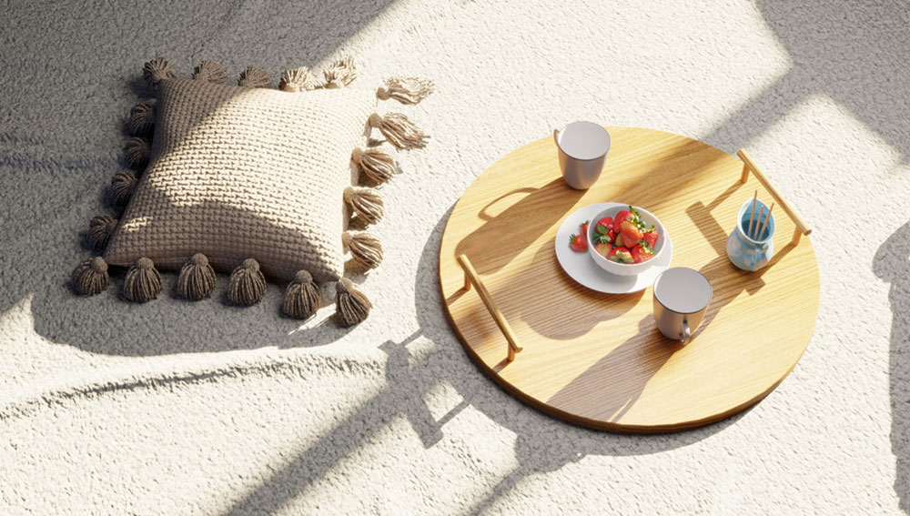 render of a bowl of strawberries on a tray with cups and a pillow using chaos vantage