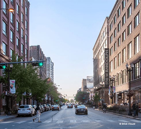 sample render of busy american city street by Brick Visual