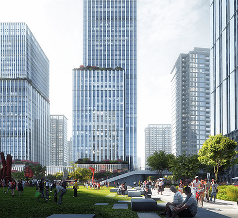 sample render of busy american city park with tall skyscrapers in background