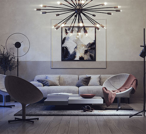 sample render of modern living room with beige fabric couch, modern chandellier