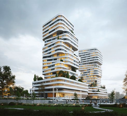 Sample render of tall modern multi-step skyscraper building