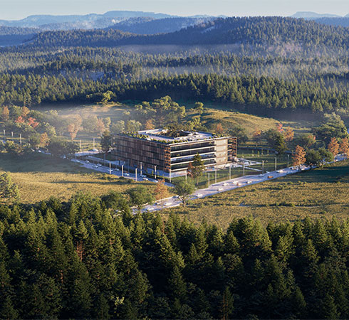 Sample 3D Render of large building standing in vast forrest opening