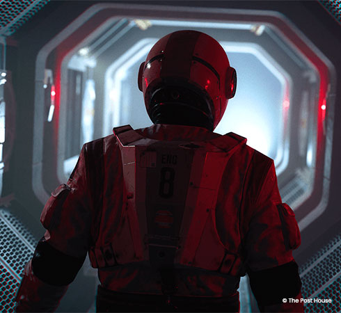 Sample render of person in space suit walking through scifi walkways
