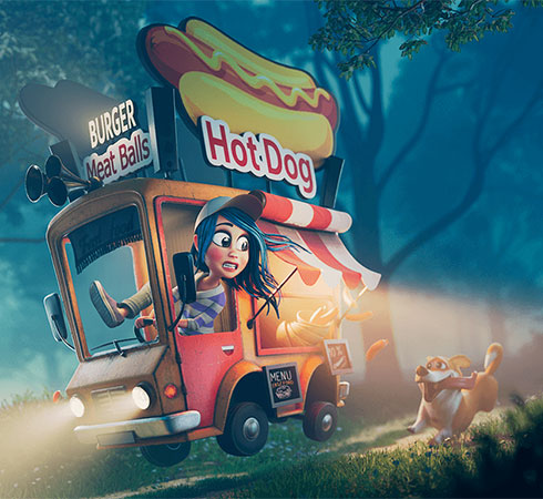 Render of illustrative food truck charcters