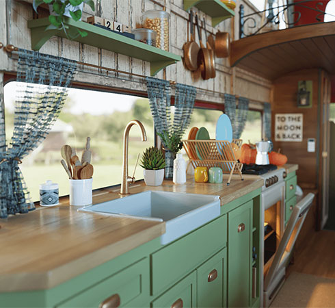 Photorealistic render of campervan interior with homestead style kitchen